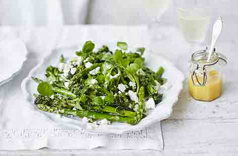 Make the most of seasonal asparagus and purple sprouting broccoli with this gorgeous salad recipe