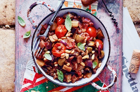 Hailing from Sicily, this vegan-friendly vegetable dish is packed with rich, authentic flavour and sees fried aubergine roasted with vegetables and sultanas in the classic sweet and sour sauce. Serve it with crostini, at room temperature, for best results.