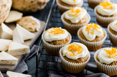Bake up a batch of these savoury muffins, starring nutty, subtly sweet celeriac, bitter walnuts and a zesty cream cheese frosting, for a guilt-free afternoon treat.