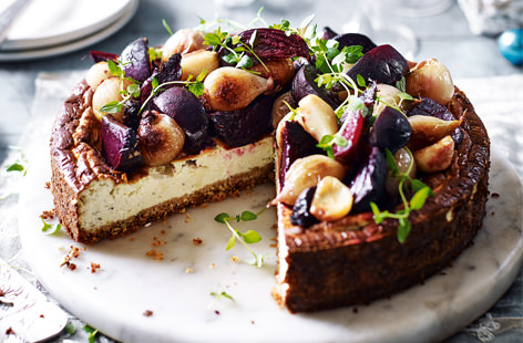 Cheesecake, but not as you know it. This savoury twist on the classic has a gluten-free breadcrumb base, fragrant cream cheese filling and is topped with a vibrant medley of beets and shallots for a gorgeous free-from main.