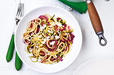 If you're looking for a quick and easy dinner that's also delicious, this courgetti and spaghetti is perfect. Creamy goat's cheese, sweet red onions and fragrant garlic combine beautifully to create a dish that's full of flavour.