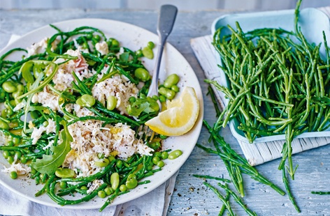 A crisp coastal vegetable that tastes of the sea, samphire makes this sophisticated salad the perfect light lunch or seasonal starter. The salty flavour works beautifully with the sweet crab meat and vibrant summer beans