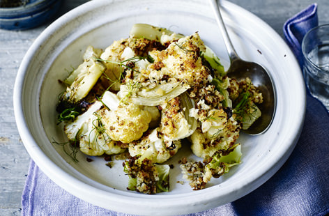 This delicious no-waste recipe for baked fennel and cauliflower uses the whole veg, from root to stem. The vegetables are given a head start in the oven while a crumbly sourdough, rosemary and parmesan topping is prepared for the final 15 minutes of cooking.