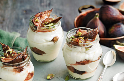 Ripe, jammy figs are one of autumn’s most gorgeous seasonal treats. Try them baked and layered with cream and pistachios – yum.