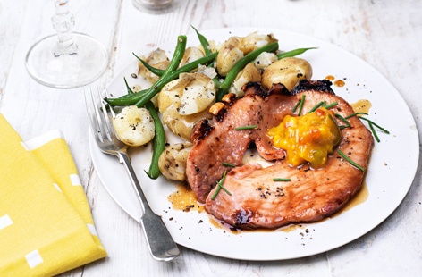 Gammon's still got it! We've revamped this classic cut of pork by adding a punchy honey and mustard rub and serving with buttery crushed, potatoes and crisp beans. A simple dinner idea for two or, if you only need one serving, halve the ingredients