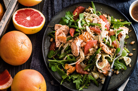 Super-sweet and juicy with a fragrant, tangy flavour, pink grapefruit adds a real kick to this gorgeous salmon salad recipe. Roasting with rosemary, fennel and garlic really elevates the delicate salmon fillets