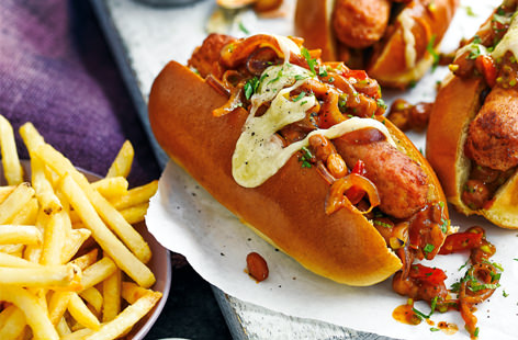 Pack some heat into your midweek meals with these veggie-friendly chilli dogs, loaded with spicy beans and pickled jalapeños. Ready in less than half an hour, they're perfect for kicking back with a beer and a side of crispy fries.
