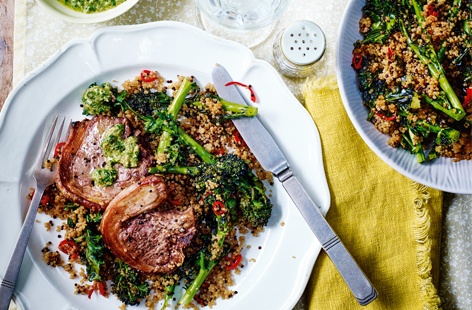 Get your chops around this speedy midweek meal – a great way to enjoy this classic cut of lamb. Simply grilling lets the meaty flavours shine and serving with sweet, roasted broccoli, mixed quinoa and a herb-packed salsa verde gives a light supper