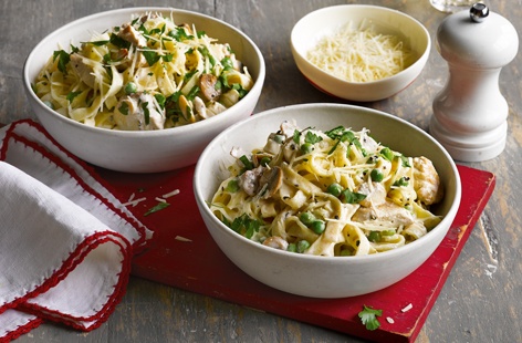 Make your midweek meals more interesting with this fast, flavoursome family recipe. This creamy pasta dish, with chicken, button mushrooms and peas, can be whipped up in under 30 minutes and is sure to become a firm favourite