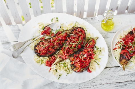Team aubergine steaks with sweet peperonata salsa for the perfect vegan babarcue recipe