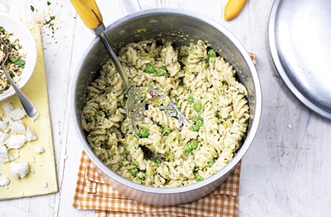 Pasta is popular year round and we've given this fusilli dish a summery spin, making it perfect for enjoying alfresco as the evenings grow lighter. With sweet peas, creamy almonds and homemade, zesty pesto this pasta recipe is easy to make