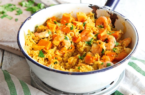 Whip up this one-pan rice dish that's bursting with the classic Thai flavours of coconut, lemongrass, turmeric and chilli. With succulent prawns, tender sweet potato and plenty of fresh coriander, it's super satisfying and ideal for busy weekday evenings