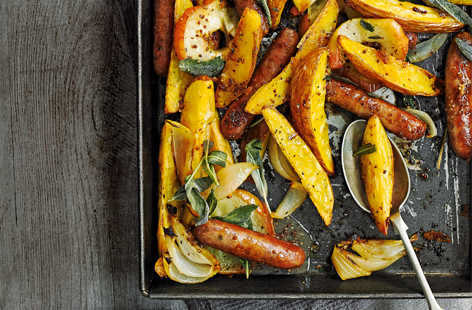 Red potatoes have deliciously buttery, creamy flesh that works brilliantly roasted alongside chipolata sausages and sweet Braeburn apples. This seriously comforting one-tray dinner is a definite family favourite.