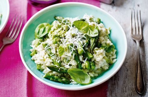 Classic Italian risotto has been given a summery spin with crunchy asparagus, broad beans and homemade ricotta cheese and basil pesto. The pesto melts into the cooked dish giving it a vibrant green finish and a wonderful, intense flavour