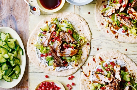 Bring the flavours of the Middle East to your midweek meal with this stunning chicken shawarma. The ideal meal for sharing, pile a platter full of warm flatbreads, miny-yogurt, crisp lettuce and cucumber and sumac-spiced chicken