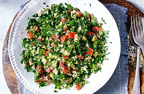 Vibrant Middle Eastern tabbouleh is traditionally made with hearty bulgur wheat, tomato, cucumber and plenty of freshly chopped parsley, coriander, chives and mint – this easy recipe takes just 30 minutes