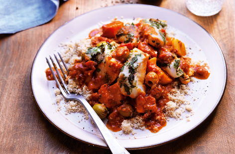Delicately spiced with cumin and coriander, this simple fish tagine is perfect for the whole family. A simple dressing of fresh herbs, chilli and fragrant preserved lemon cuts through the rich sauce beautifully