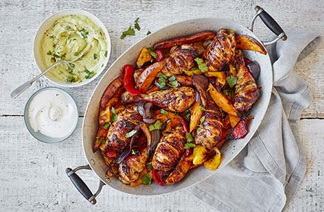Loaded with mouthwatering Mexican flavours, this smoky traybake is perfect for spicing up your midweek meal. Serve with a dollop of soured cream, fragrant coriander and creamy guacamole for a dish that will have people fighting for seconds. 