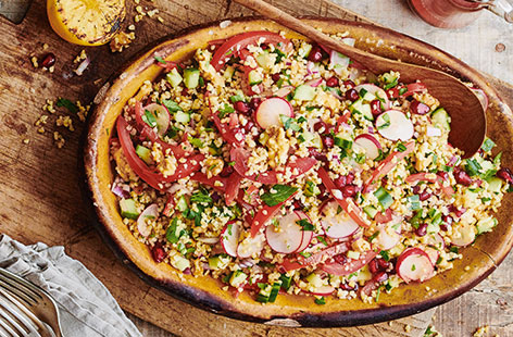 Packed with vibrant vegetables, this Turkish salad is the perfect summer side. A tangy dressing, made with tart sumac and fresh lemon juice, lifts the flavour of nutty bulgur wheat and ruby red pomegranate seeds add a burst of freshness to every mouthful