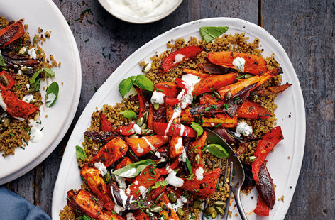 This colourful dish of fiery root vegetables, protein-packed quinoa and fragrant yogurt is the perfect veggie-friendly dinner for two