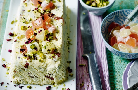 Cool down on hot summer nights with this fresh take on Turkish flavours with real wow-factor. This ice cream terrine is infused with the fragrant flavours of lemon and rose Turkish delight and crunchy pistachios