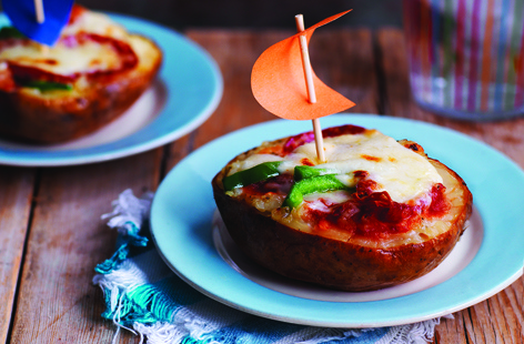 Get the kids involved by letting them help make the sails for these cheesy pizza-topped jacket potato boats
