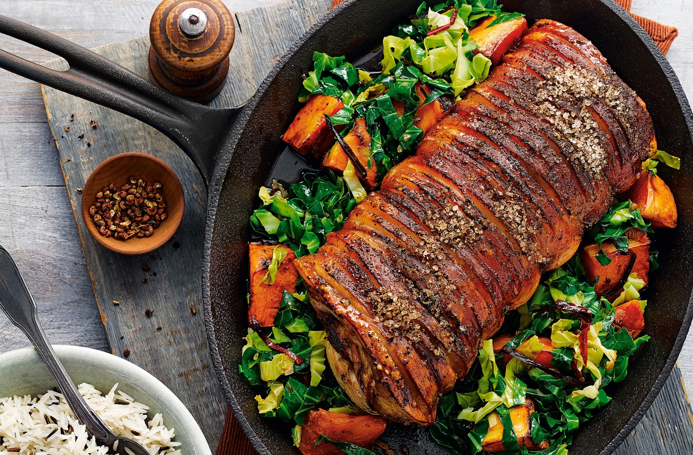 Spiced roast loin of pork with soy squash and greens recipe