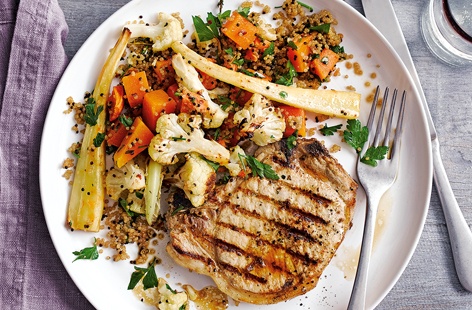 With griddled pork chops, roasted winter vegetables and light, fluffy quinoa, this beautiful pork recipe is easy to make and packed with flavour for a delicious midweek meal. Drizzle with lemon for a refreshingly zesty finish