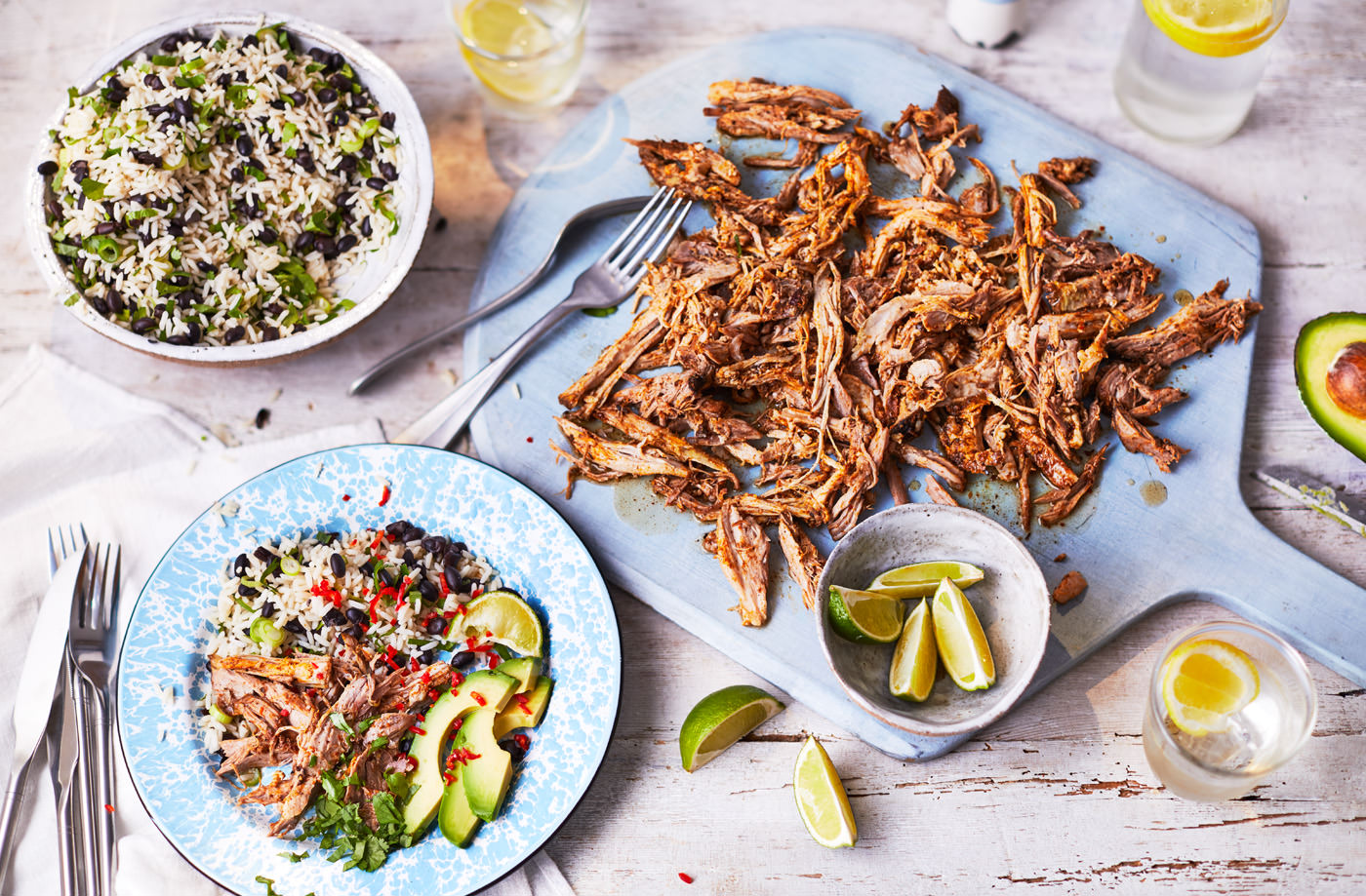 Pulled jerk pork with rice and avocado  recipe