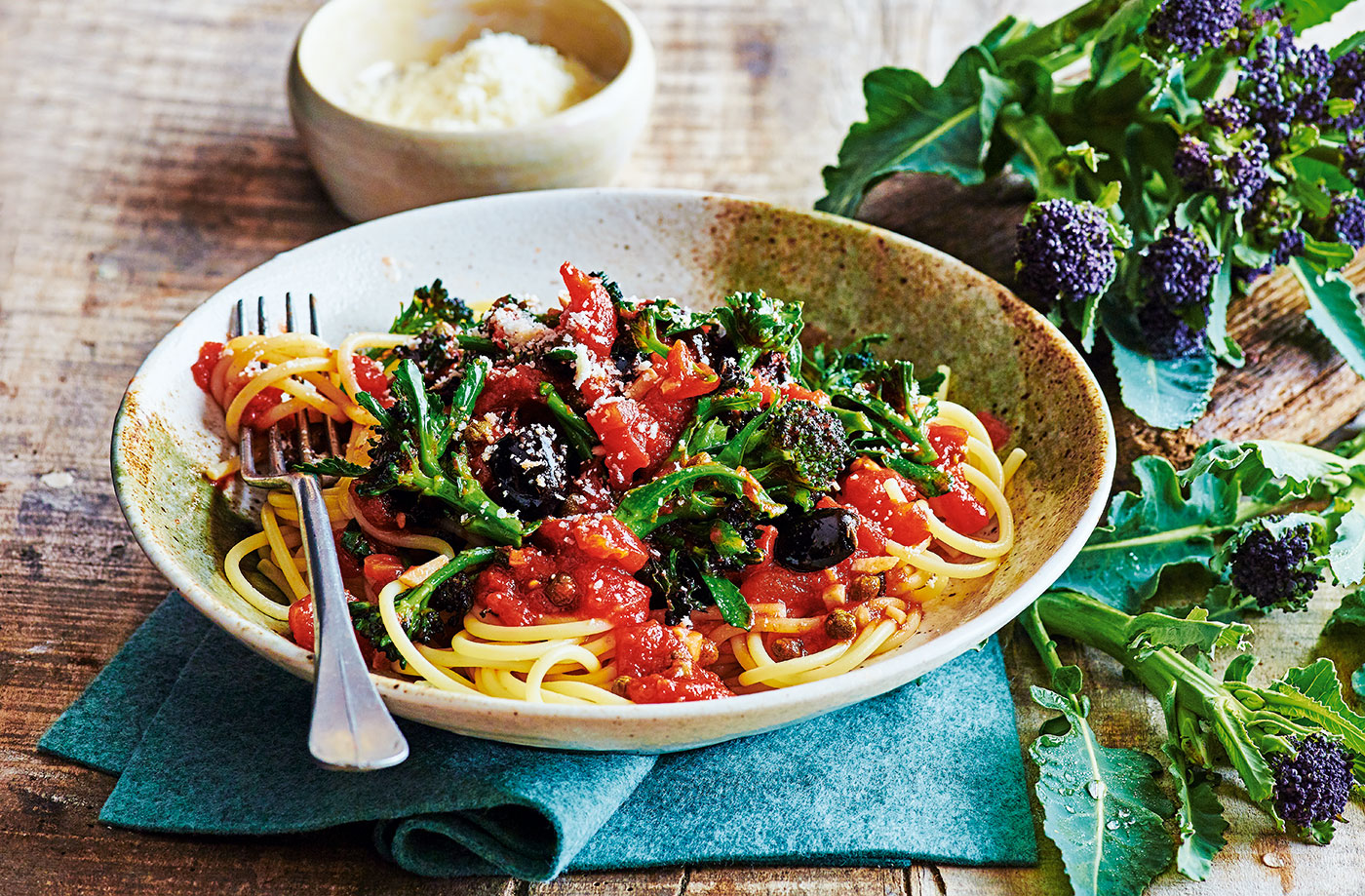 Spaghetti with purple sprouting broccoli and tomato and olive sauce recipe