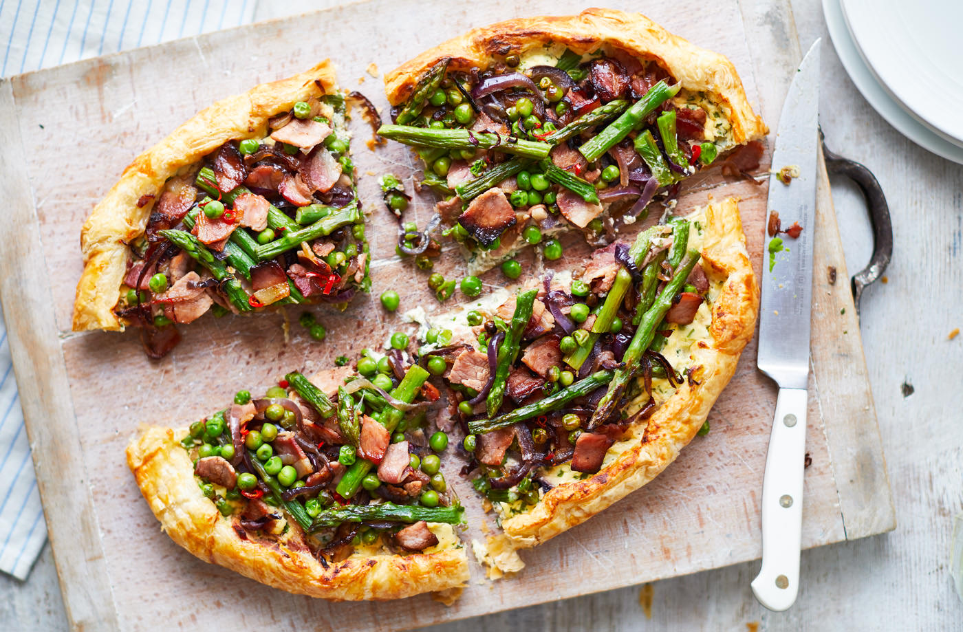 Spring galette with peas, bacon, asparagus, cheese and chilli recipe