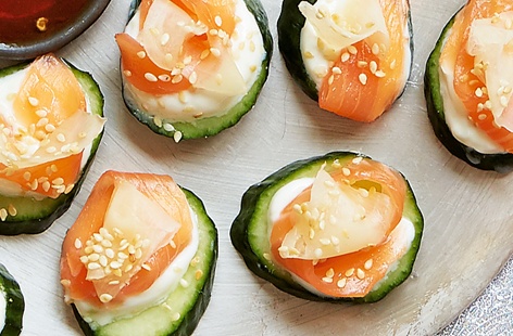 These mini salmon bites are flavoured with crème fraîche and wasabi for a fiery kick.