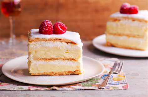 These custard cream-filled pastry slices with their fresh raspberries make an impressive dinner dessert or a real treat for afternoon tea
