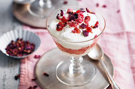 This easy dessert recipe is the perfect after dinner treat to serve up on Valentine's Day. Delicate rose water pairs beautifully with the sharp rhubarb and sweet mini meringues, for a delicious twist on classic Eton mess