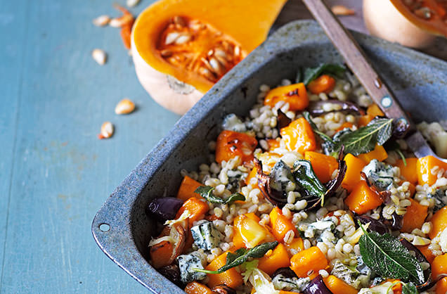 Tuesday: Roast butternut squash with pearl barley, Gorgonzola and sage