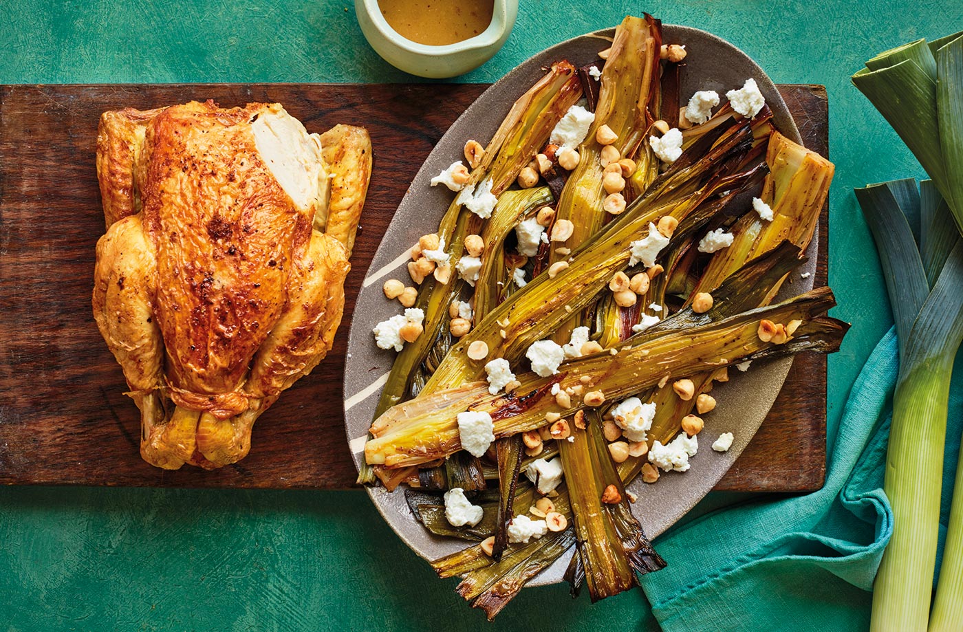 Roast chicken with caramelised leeks & goat's cheese recipe