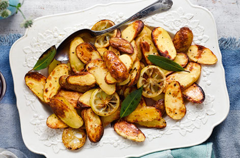 A tasty twist on classic roast potatoes. The lemon and bay leaves add an exciting flavour that is really delicious when paired with a seafood-based main