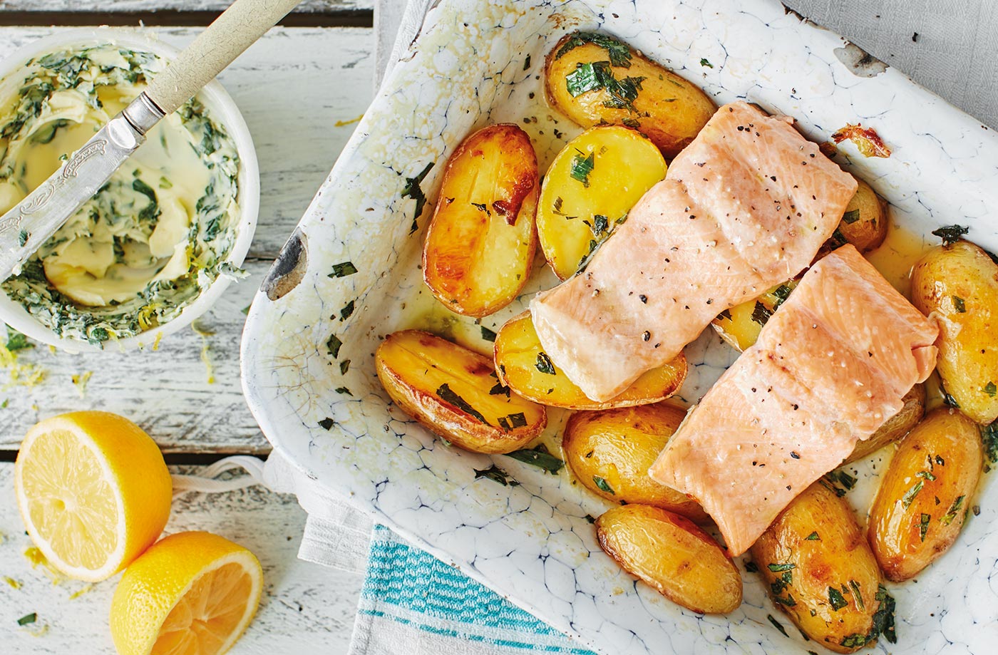 Roast trout and new potatoes with herb butter recipe
