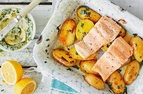 This tasty trout recipe looks really impressive but can be prepared in just 45 minutes. Roasting the new potatoes brings out their sweet earthiness, while a homemade garlic and herb butter adds a fresh and zesty flavour