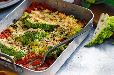 This seasonal bake is super scrumptious thanks to nutty romanesco, spicy tomato sauce and crispy, cheesy breadcrumbs 