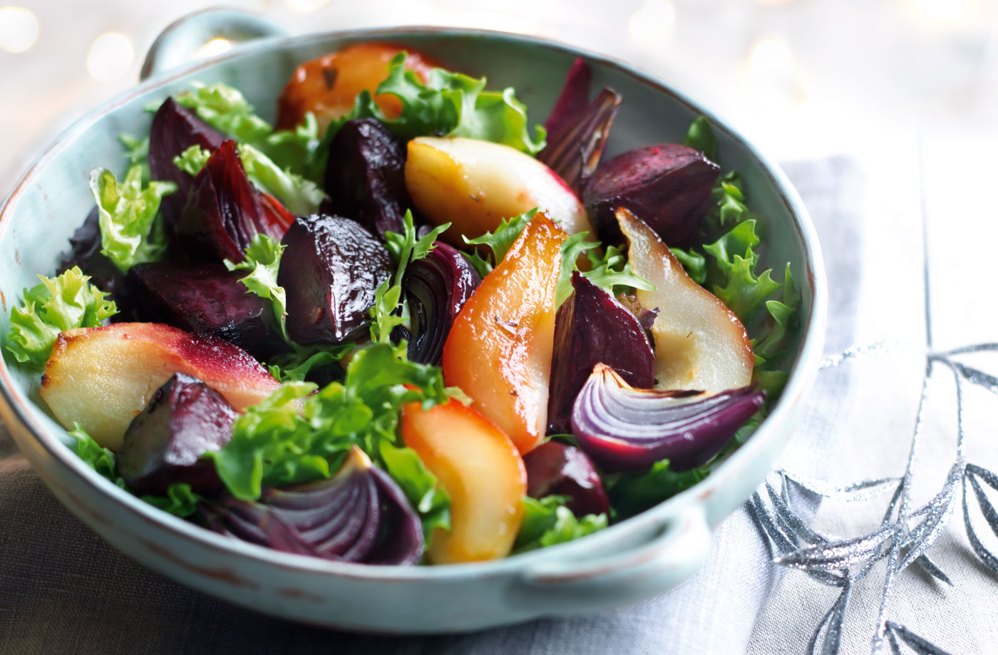 Roasted beetroot, pears and red onion with winter leaves recipe