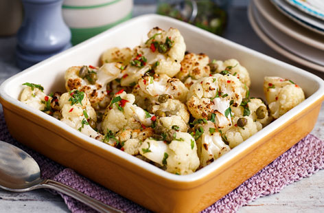 Roasted cauliflower with lemon, caper and chilli dressing - packed with bold flavours and good for you.