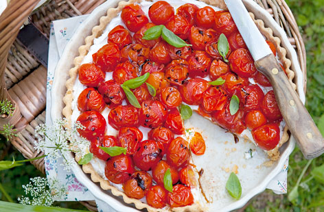 Roast cherry tomato, basil and goat's cheese tart that is perfect for picnics