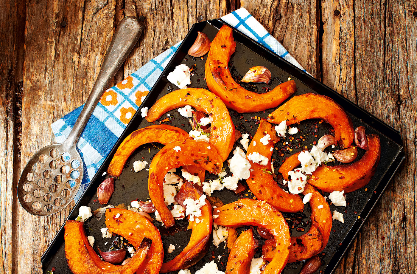 Roasted pumpkin wedges with feta and thyme recipe