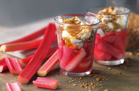 If you're having people over for breakfast or brunch, why not serve up these delicious rhubarb granola pots. Roast the rhubarb in the oven with vanilla, sugar and orange juice, place in glass cups so you can admire the lovely colours, and top with yoghurt and granola.