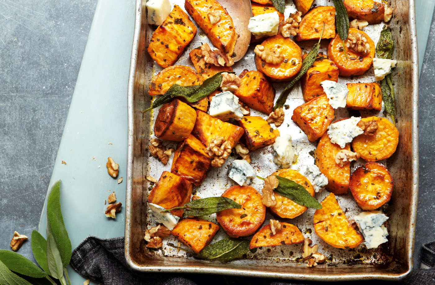 Roasted sweet potato with blue cheese, walnuts and sage recipe