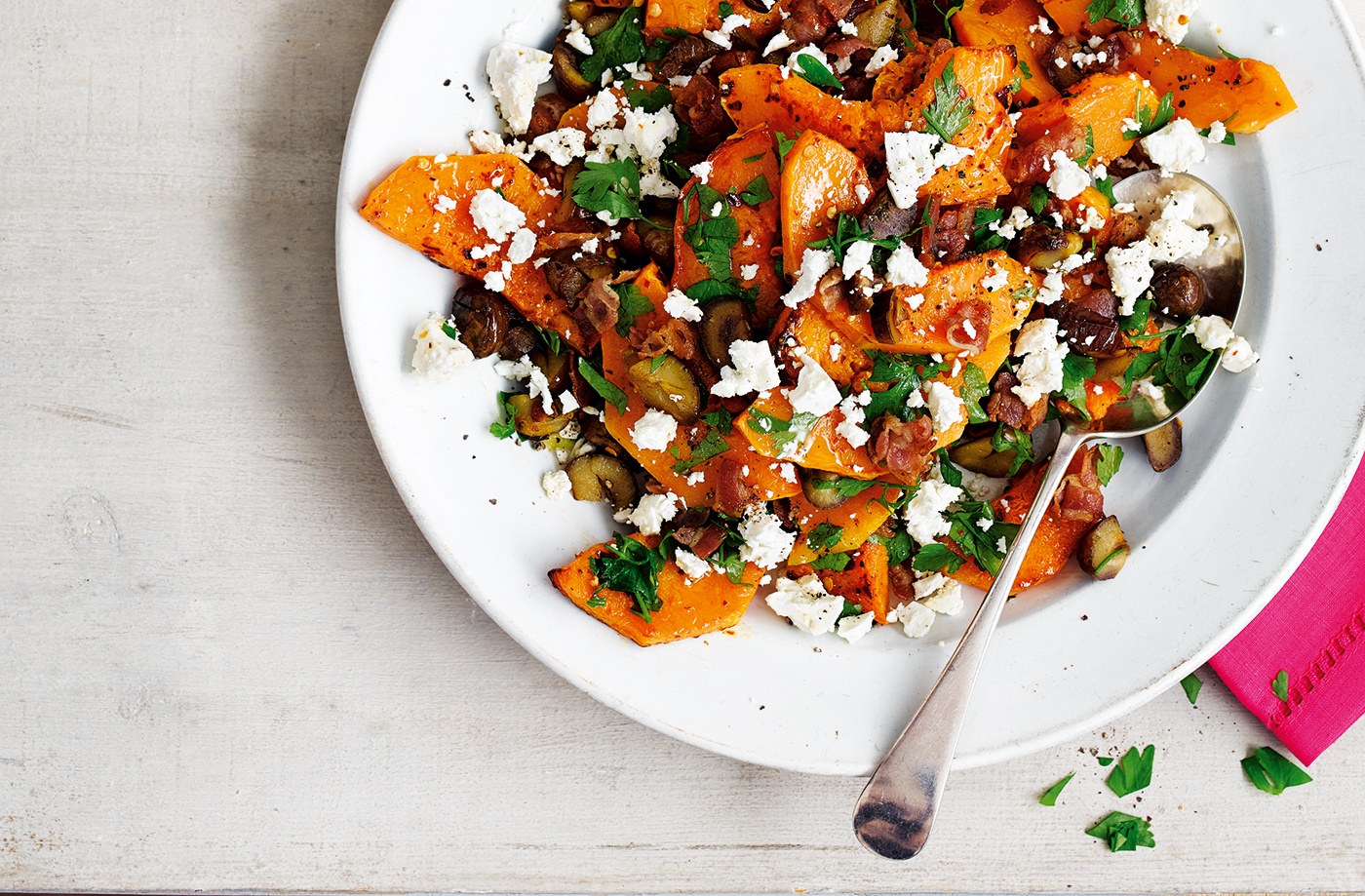 Roasted butternut squash with chestnuts, pancetta, feta and parsley recipe