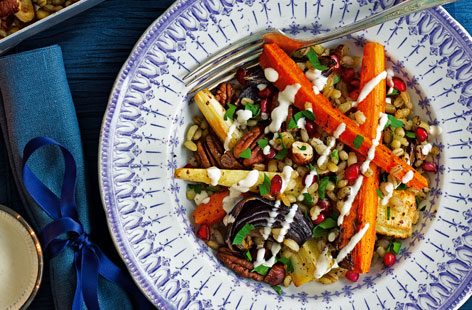Looking for a classic, beautiful winter salad or side? How about buttery and nutty barley together with roasted, caramelised winter root vegetables with a lemon and garlic tahini dressing. Pomegranate seeds, sprinkled over just before serving add jewel-like bursts of colour and flavour.
