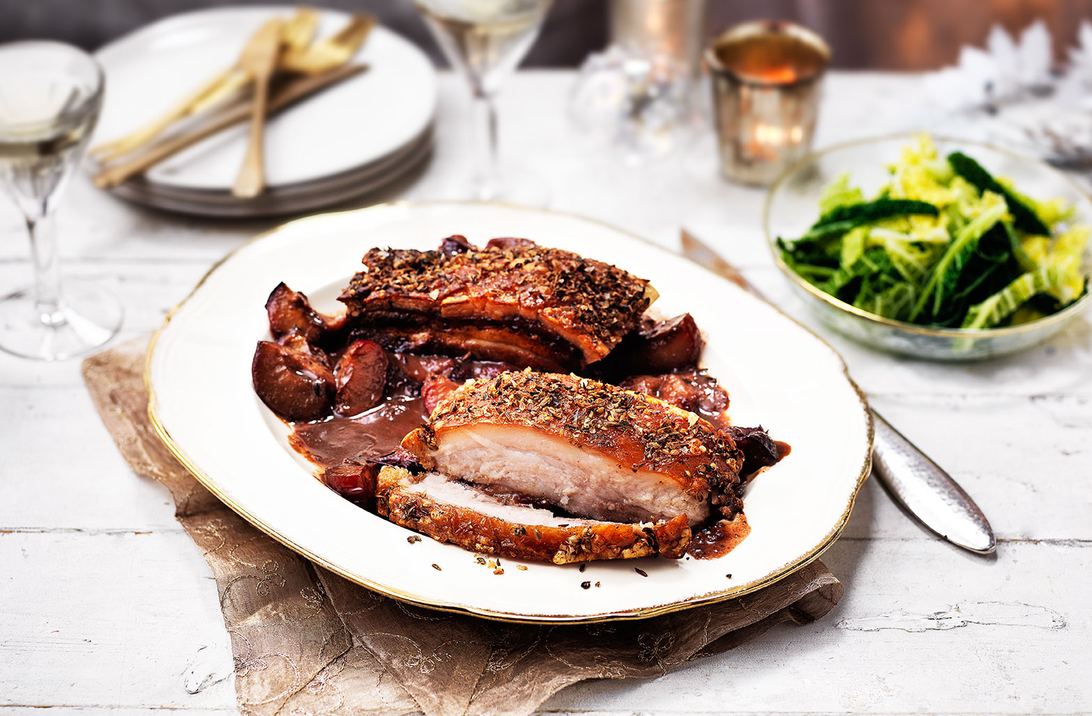 Roast pork belly with sloe gin plums recipe