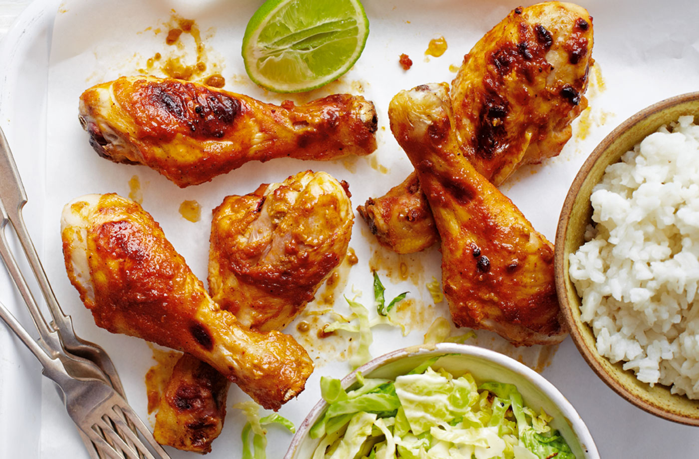 Peanut chicken drumsticks with rice and cabbage recipe